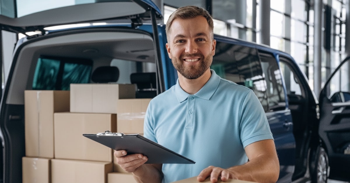Homem com prancheta e encomendas em uma van representando planejamento logístico