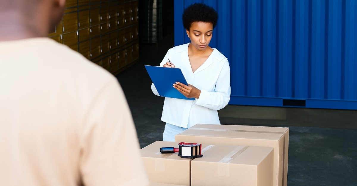 Funcionária conferindo caixas para reposição de estoque, registrando informações em prancheta durante processo de controle logístico.