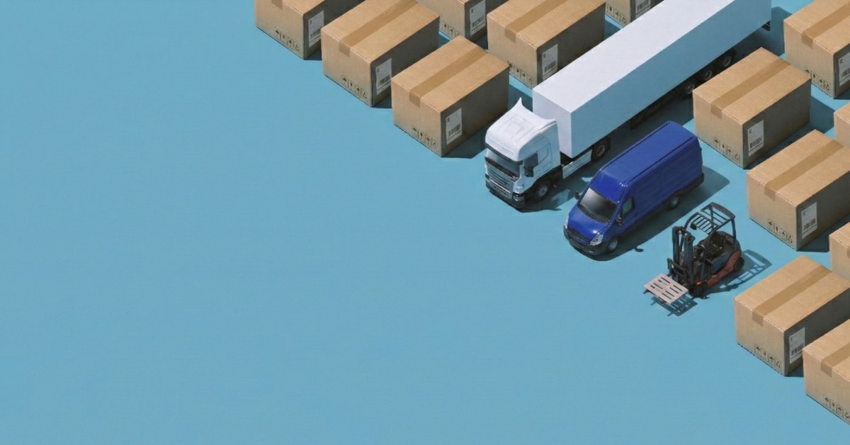 Ilustração representa o que é logística com caixas de entrega, caminhão e van