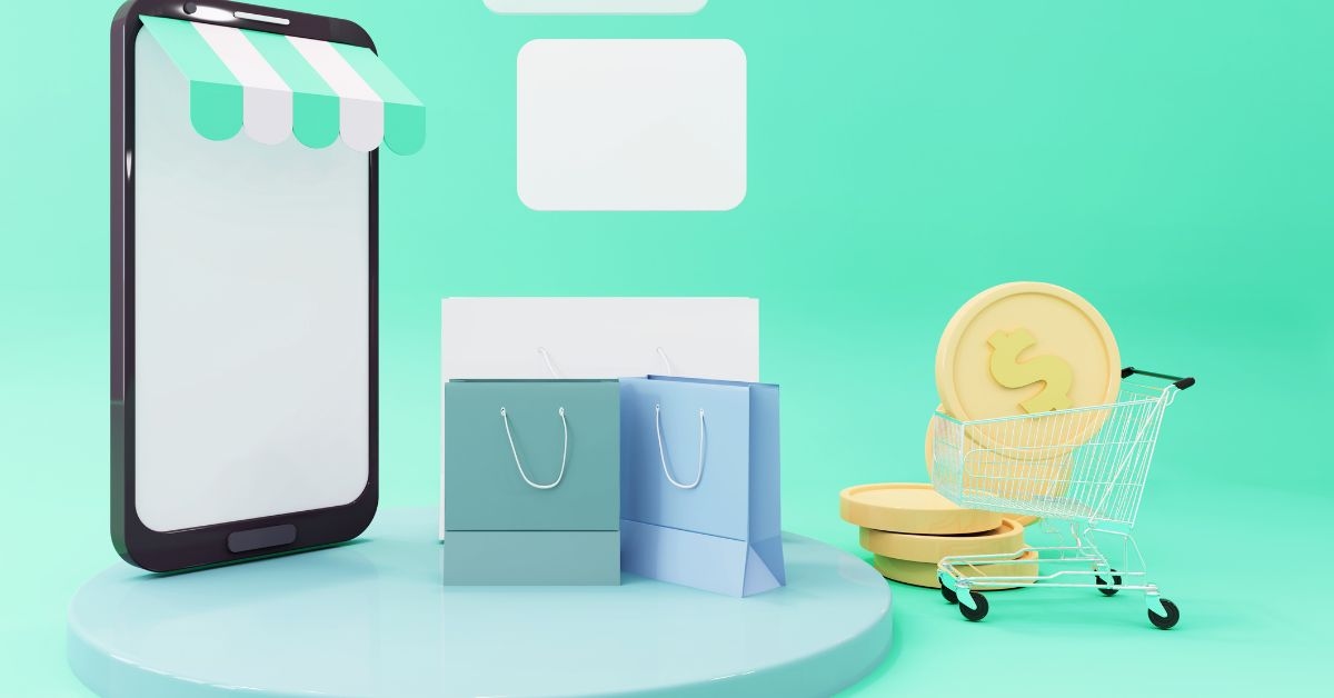 Imagem ilustrativa de smartphone e sacolas de compras representando como vender pelo whatsapp