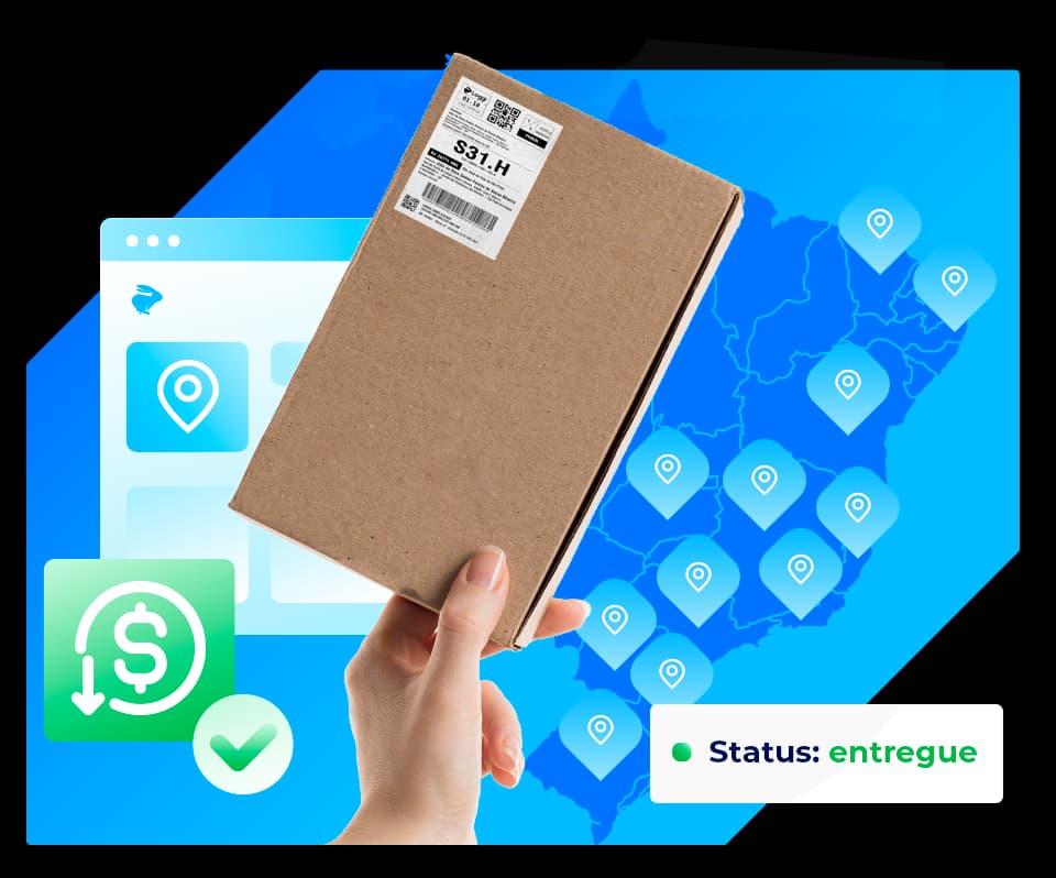 Mão segura uma caixa de papelão com etiqueta de envio diante de um fundo que mostra um mapa do Brasil com diversos marcadores de localização, representando cobertura nacional de entregas. Ao lado, há ícones relacionados a rastreamento, pagamento e confirmação de entrega. No canto inferior direito, aparece um indicador de status com a mensagem "Status: entregue".