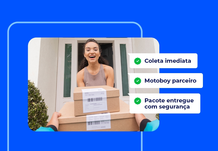 Interface do serviço de entrega da Loggi exibindo uma opção recomendada de envio nacional com coleta. O preço é de R$ 5,59, com previsão de chegada para o dia seguinte. A imagem ao lado mostra uma mulher sorrindo enquanto recebe um pacote de um entregador. O fundo do design é azul vibrante, destacando as informações principais.