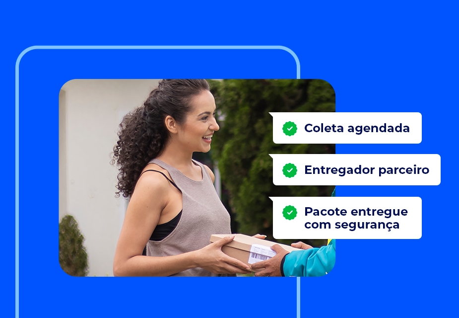 Interface do serviço de entrega da Loggi exibindo uma opção recomendada de envio nacional com coleta. O preço é de R$ 5,59, com previsão de chegada para o dia seguinte. A imagem ao lado mostra uma mulher sorrindo enquanto recebe um pacote de um entregador. O fundo do design é azul vibrante, destacando as informações principais.