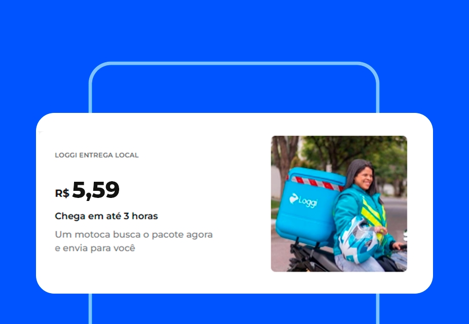 Interface do serviço de entrega da Loggi exibindo uma opção recomendada de envio nacional com coleta. O preço é de R$ 5,59, com previsão de chegada para o dia seguinte. A imagem ao lado mostra uma mulher sorrindo enquanto recebe um pacote de um entregador. O fundo do design é azul vibrante, destacando as informações principais.