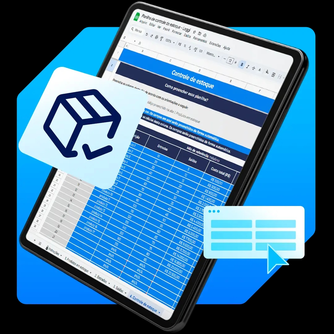 Tablet exibindo a planilha de controle de estoque